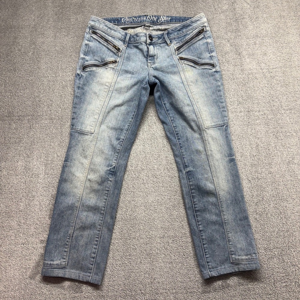 Converse One Star Jeans Women Size 12 Blue Good Skinny Moto Zipper Premium Denim